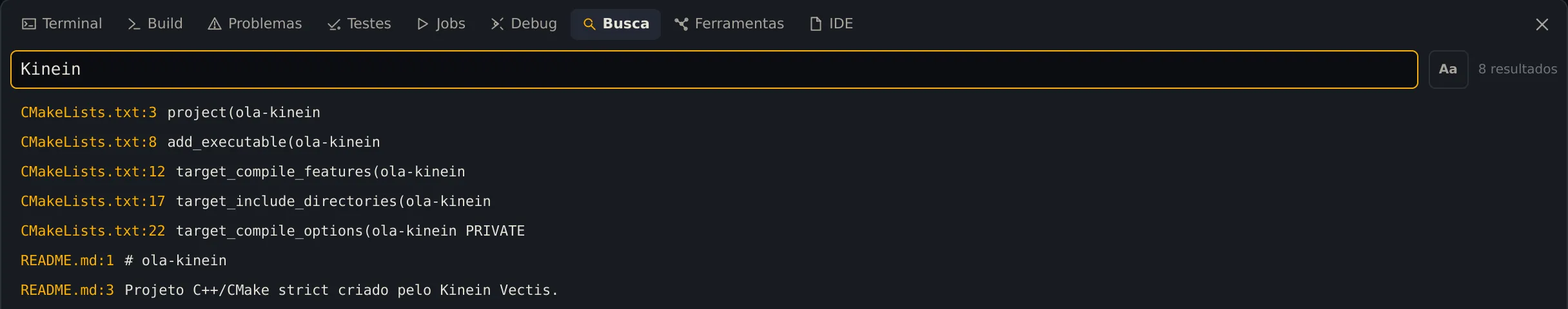 A aba Busca com Kinein digitado e 8 resultados, cada um com arquivo e linha: cinco no CMakeLists.txt, dois no README.md e um no src/main.cpp
