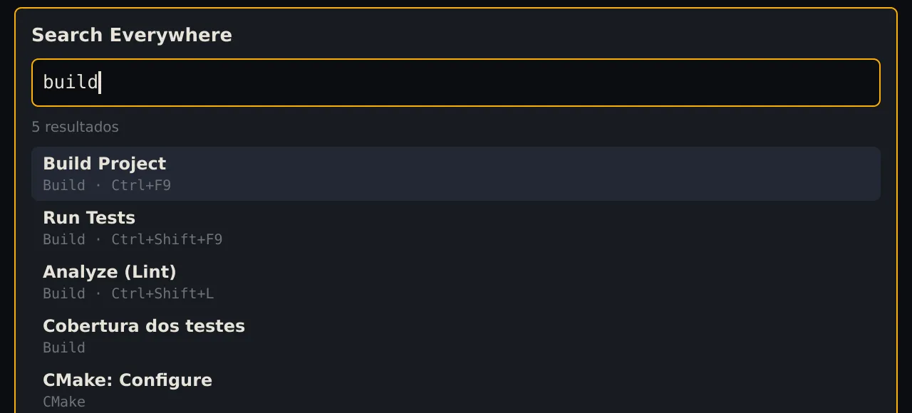 O Search Everywhere com build digitado: Build Project com Ctrl+F9, Run Tests com Ctrl+Shift+F9, Analyze (Lint) com Ctrl+Shift+L, Cobertura dos testes e CMake: Configure