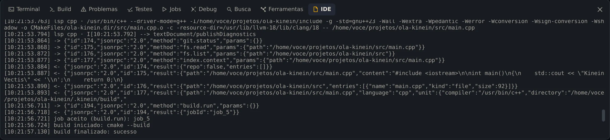 A aba IDE com o registro técnico: linhas com horário, pedidos e respostas entre a interface e o core e, no fim, build iniciado e build finalizado: sucesso
