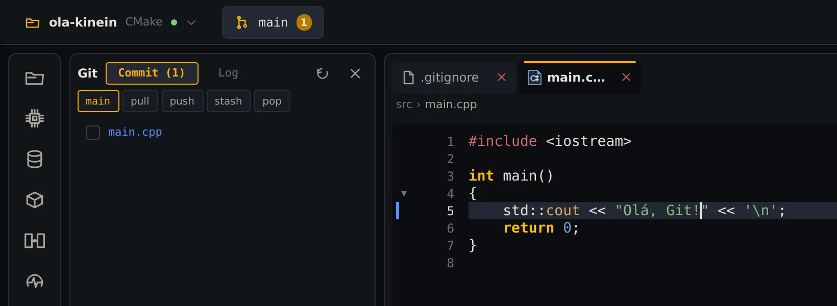 O main.cpp com a linha 5 mudada e uma barra azul na calha ao lado dela; o cabeçalho mostra main com 1 mudança e a janela do Git lista main.cpp em azul