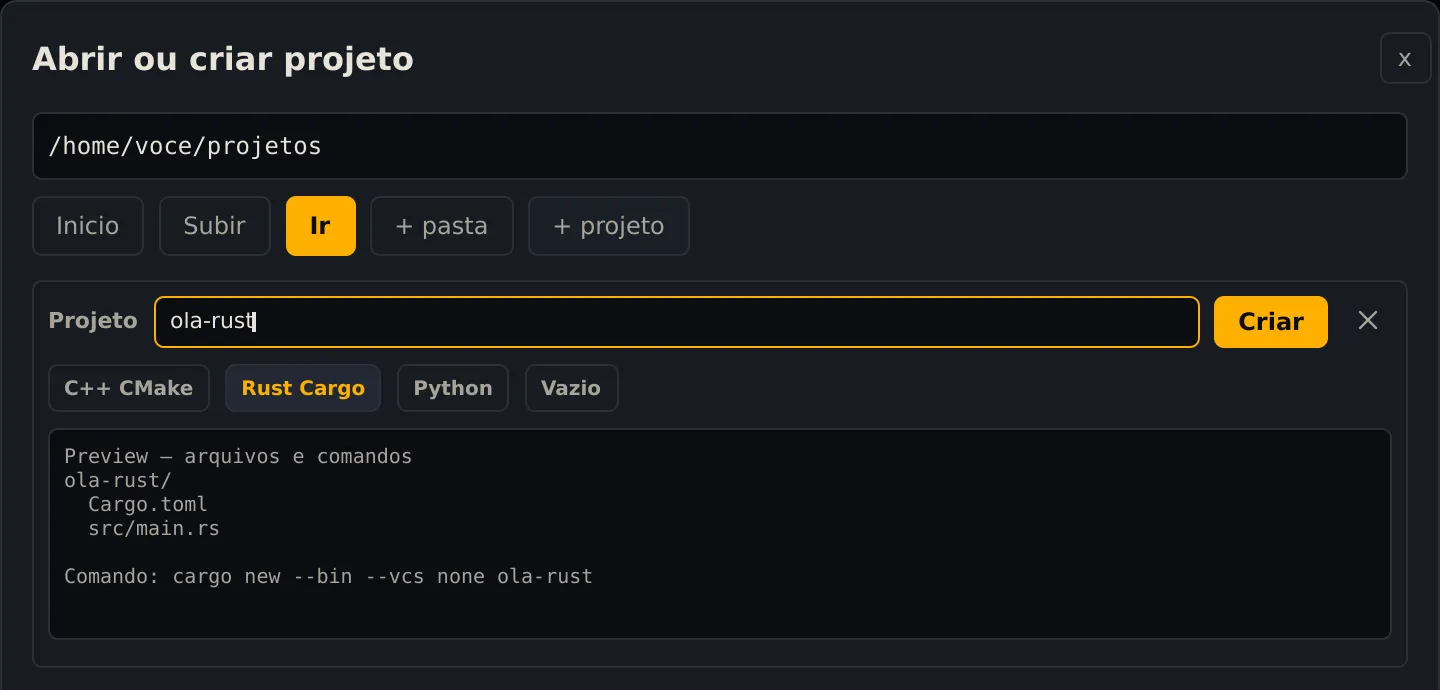 A caixa Abrir ou criar projeto em /home/voce/projetos com o nome ola-rust, o tipo Rust Cargo marcado e a prévia: Cargo.toml, src/main.rs e o comando cargo new –bin –vcs none ola-rust
