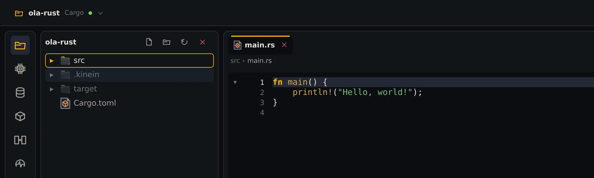 A IDE com o projeto ola-rust aberto: no alto, o nome do projeto com o tipo Cargo e, à direita, o seletor Cargo: debug; a árvore com src, .kinein, target e Cargo.toml; o main.rs no editor