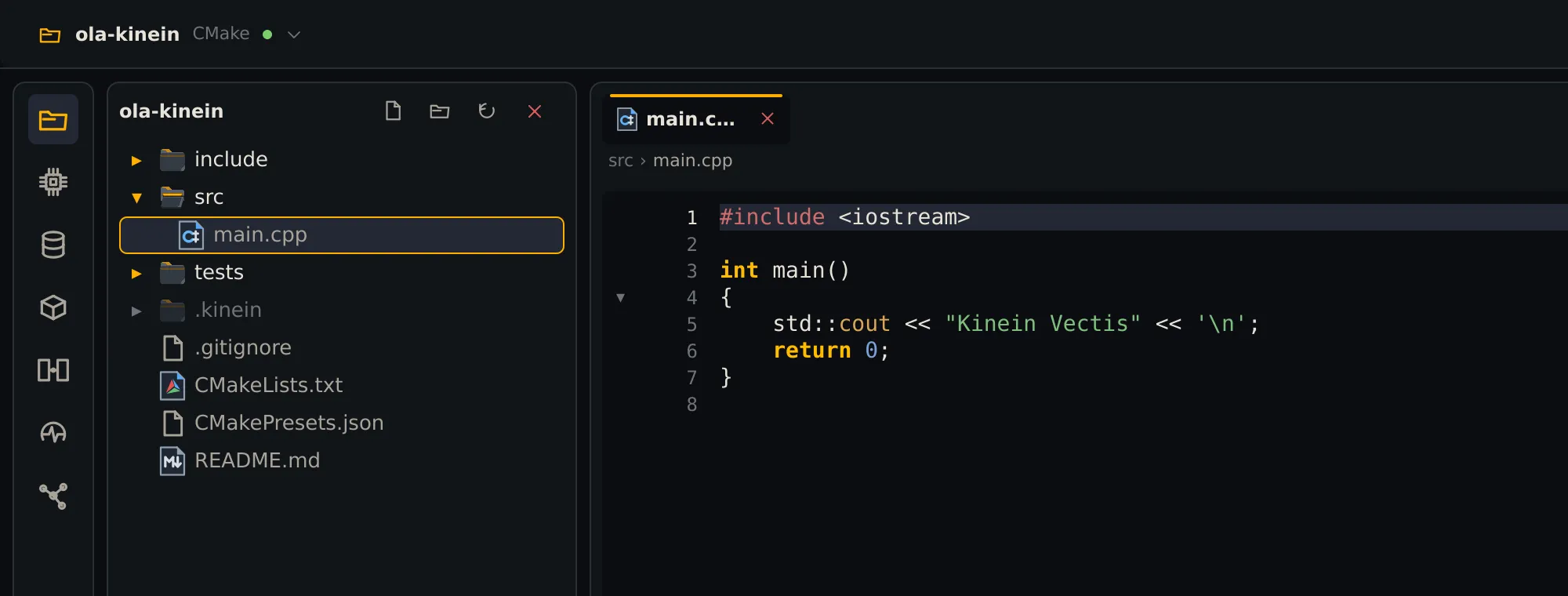 A IDE com o projeto ola-kinein aberto: o nome do projeto e o tipo CMake no alto, a árvore com include, src, tests, .kinein e os arquivos do projeto, e o main.cpp no editor