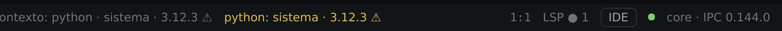 A barra de status com contexto: python · sistema · 3.12.3 e, em amarelo, python: sistema · 3.12.3 com um sinal de aviso