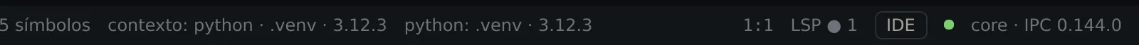 A barra de status com contexto: python · .venv · 3.12.3 e python: .venv · 3.12.3, sem aviso