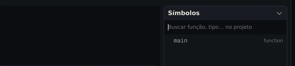 O painel Símbolos com o campo Buscar função, tipo… no projeto e a função main na lista