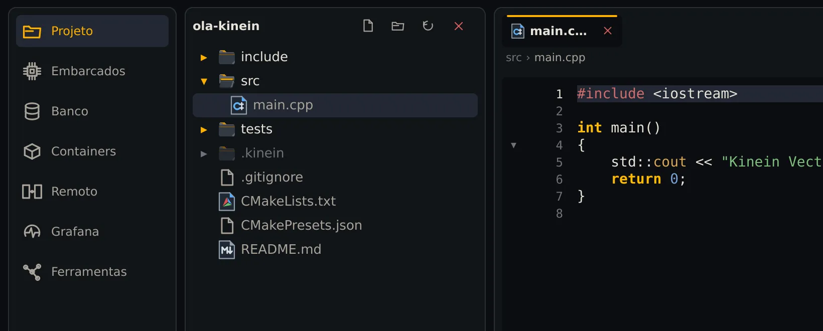O trilho expandido com Projeto, Embarcados, Banco, Containers, Remoto, Grafana e Ferramentas, ao lado da árvore do projeto ola-kinein